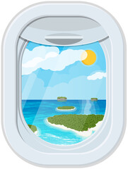Fototapeta premium Window from inside airplane with tropical island