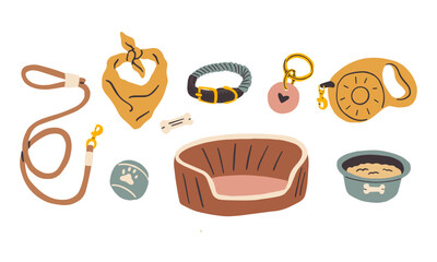 Various dog supplies and accessories. Vector hand drawn illustration. All elements are isolated on white background.