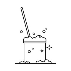 Black mop in bucket water with bubble cleaning tool outline flat vector icon design.