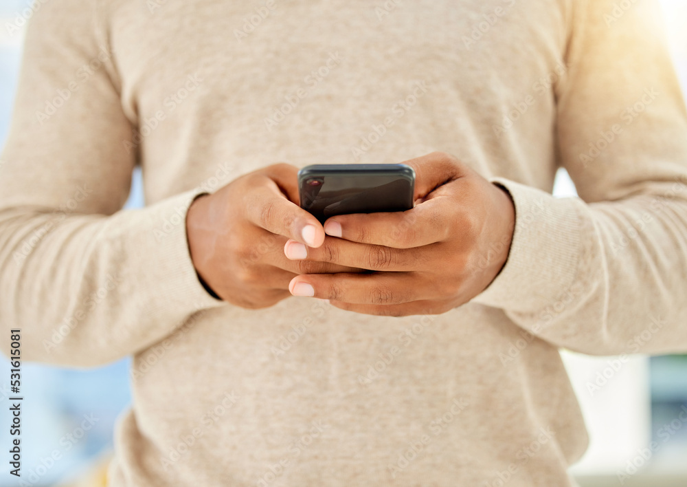 Poster Phone, closeup and communication with woman hands typing on social media, doing internet search or messaging app. Closeup of 5g technology network with female networking to connect or a reading text