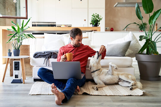 Businessman having coffee and feeding dog at home