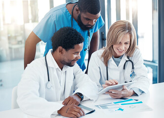 Doctors planning, healthcare insurance and meeting about medical development, talking about medicine and thinking of idea together at work. Healthcare team consulting about strategy with tablet