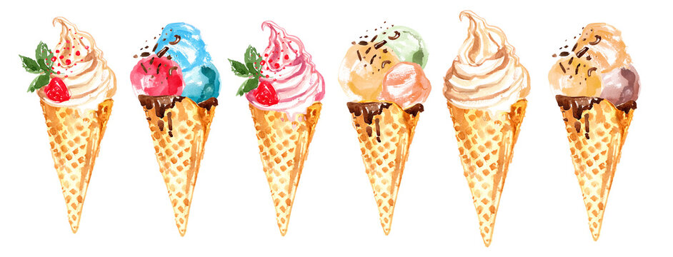 Ice cream cone painted with watercolors on white background. Waffle cone, cream and ice cream balls
