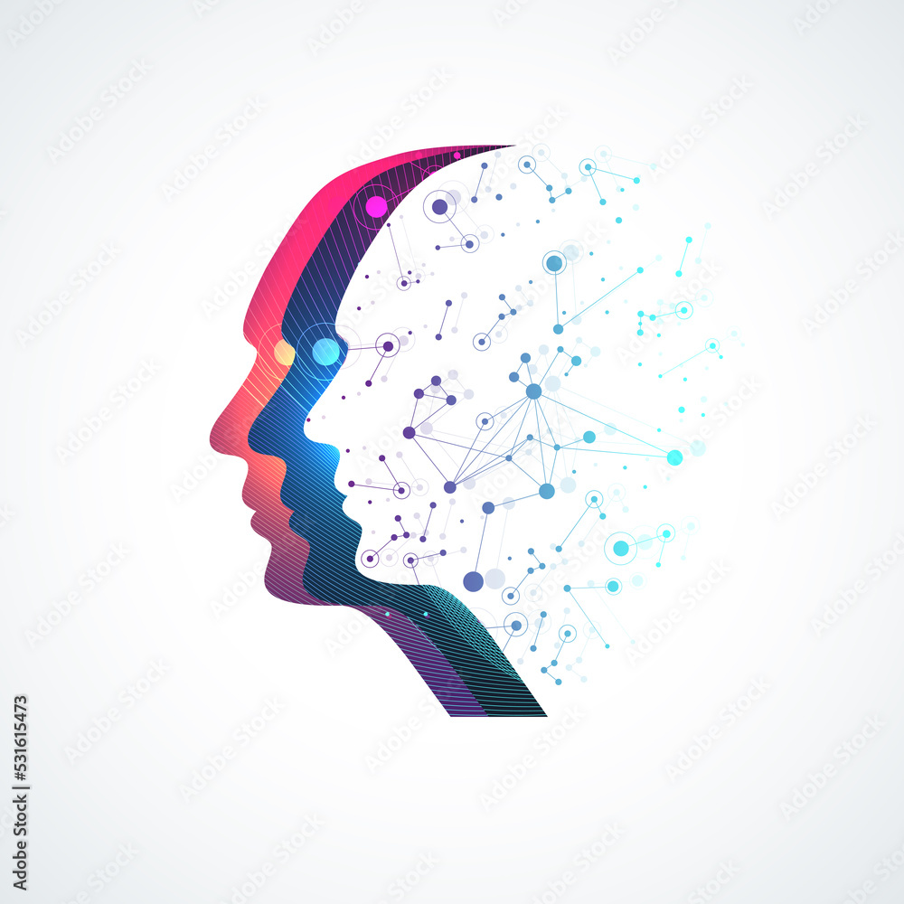 Poster Artificial intelligence logo. Machine Learning concept. Digital Brain. Neural Networks and Learning Processing Big Data. Data flow background illustration