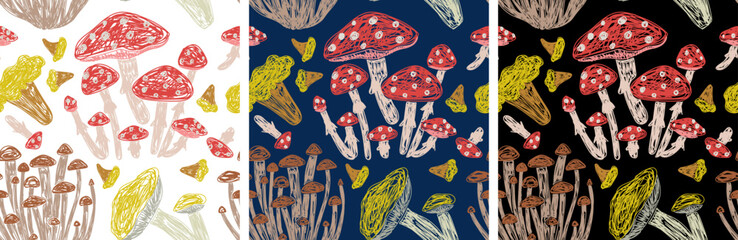 Mushrooms seamless pattern set. Boletus edulis, chanterelle, boletus and cantharellus cibarius. Hand drawn vector illustration. Pen or marker doodle sketch - obrazy, fototapety, plakaty