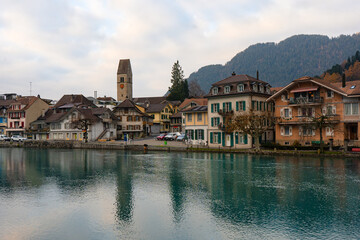 Fototapeta na wymiar Unterseen , historic and small old town and beautiful square near Interlaken and River Aare during autumn , winter morning : Interlaken , Switzerland : December 3 , 2019