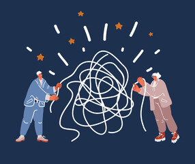 Cartoon vector illustration of Fixing a problem concept by untangling a knot with a closeup view of hands of a man unravelling a badly knotted piece of string