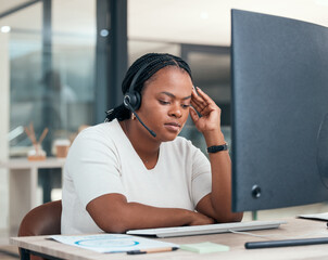 Stress, anxiety and burnout with a woman consultant working in a call center for customer care and support. Crm, contact us and telemarketing with a female at work in sales with pressure or a problem