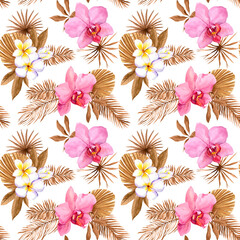 Trendy dry leaves, tropical orchid flowers seamless pattern. Watercolor dried palm leaf in pale earth tones, repeating background