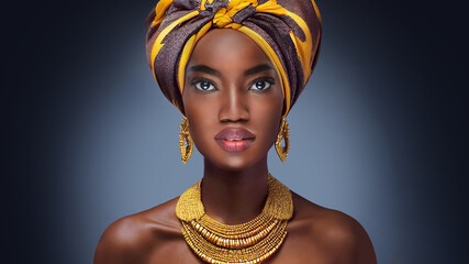 woman portrait of beautiful African woman in national, traditional costume and a colorful headscarf