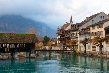 Unterseen , historic and small old town and beautiful square near Interlaken and River Aare during...