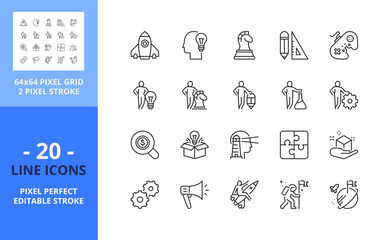 Line icons about startup. Business concept. Pixel perfect 64x64 and editable stroke