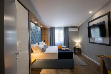 Interior of a double bed hotel bedroom