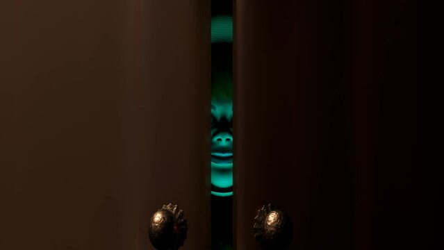 A creepy doll in the closet. Doors are opening. Spooky 4K animation