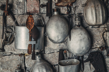 Hanging vintage tools and kitchenware from the world war times