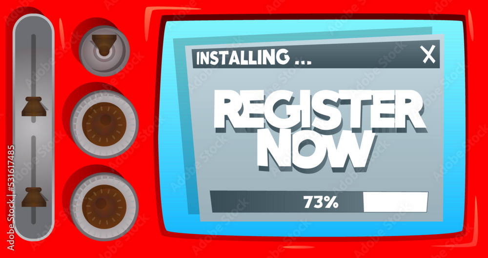 Poster cartoon computer with the word register now. message of a screen displaying an installation window.