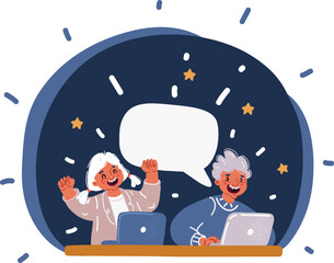 Naklejka premium Cartoon vector illustration of Smiling smart little boy and girl kids using laptop together. Brother and sister in school