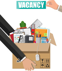 Plate with word hire and box with office items