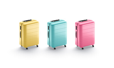 Blank colored suitcase mockup stand, side view