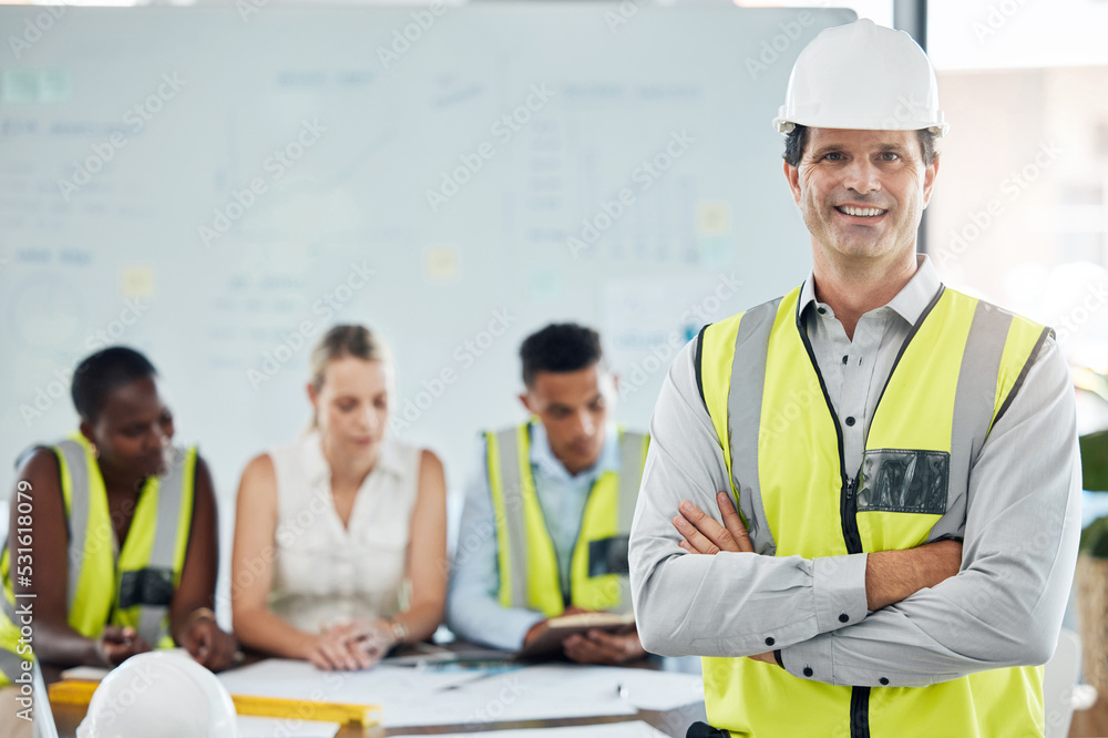Poster engineer man or architect success leader with team planning strategy for architecture building and e