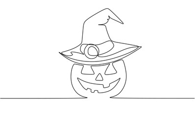 continuous single drawn one line witch cap on a pumpkin hand-drawn picture silhouette. Line art. Halloween Holiday