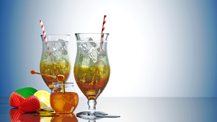 3D Fresh drink honey lemon soda fruit juice in beautiful glass with some ice water drop on glass and some red strawberries sweet fruits half yellow lemon green leave on shiny gradient blue background