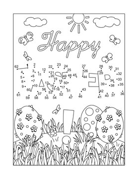 "Happy Easter!" dot-to-dot picture puzzle and coloring page with greeting and painted eggs. Full-page, black and white, activity for kids.
