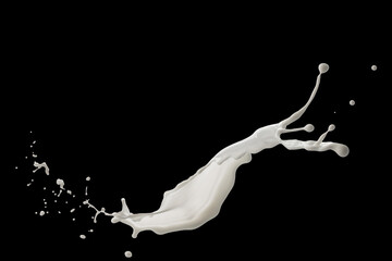 a glass glass from which milk splashes out, isolated on a white background