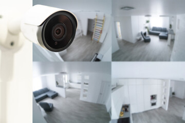 Close Up Object Shot of a Modern Wi-Fi Surveillance Camera on a White Wall in a Cozy Apartment Has Wi-Fi Icon Above it.
