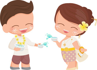 happy young couple enjoy Songkran Thai water new year festival in traditional dress