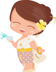 happy young couple enjoy Songkran Thai water new year festival in traditional dress