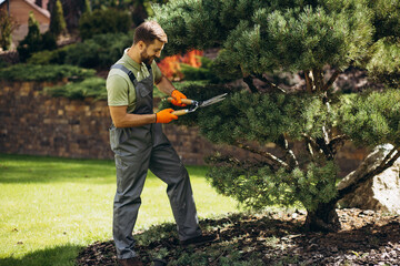 Garden worker trimming trees with scissors in the yard