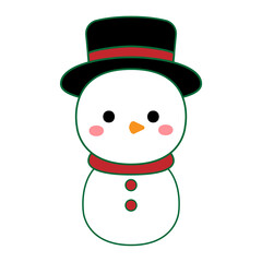 Cute snowman wearing red scarf and black hat. Christmas cute character. 