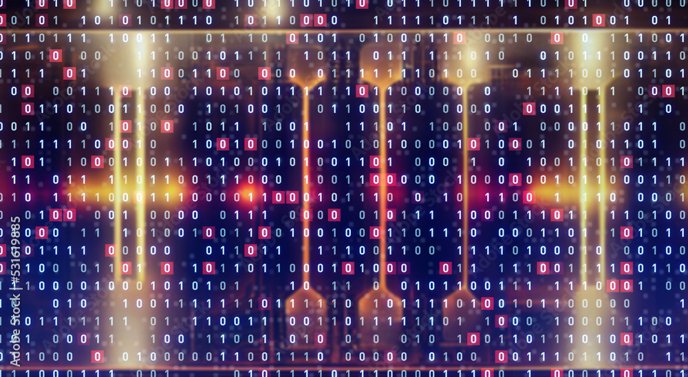 Poster Supercomputers and digital transformation. data server. Wide angle visual for banners or advertisements.