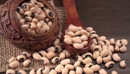 Uncooked black eyed peas. Health food concept.
