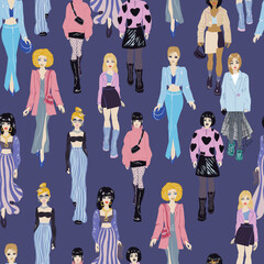 Fototapeta na wymiar Seamless pattern. Women in trendy clothes. Fashion illustration.