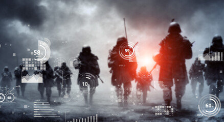 Battlefield soldiers and statistical data. military technology. Wide angle visual for banners or  advertisements. - obrazy, fototapety, plakaty