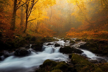 Autumn Forest Landscape and stream. Red yellow green trees