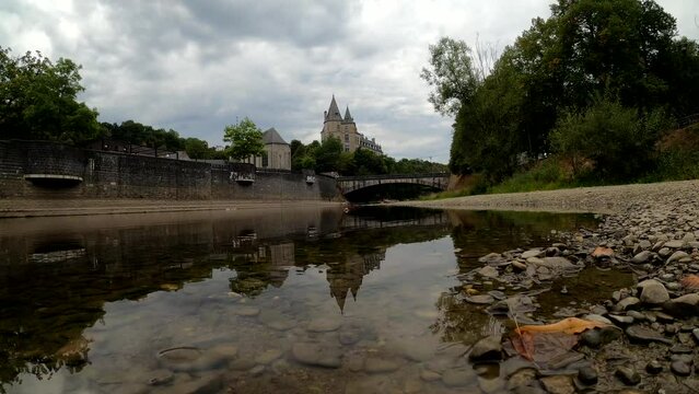 Medieval castle of Durbuy and river Ourthe. Touristic place at the Belgian Ardennes. Timelapse