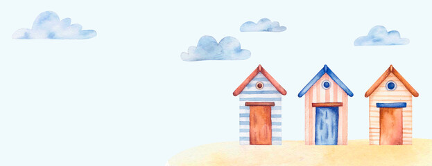 Watercolor beach house hand drawing, travel banner in cartoon style.