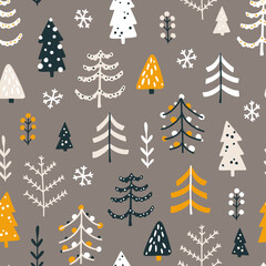 Obraz premium Forest seamless pattern with different Christmas trees. Vector naive hand drawn illustration in simple scandinavian style. The limited earthy palette is ideal for printing textiles, fabric, wrapping.