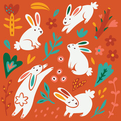 Fototapeta na wymiar Collection of white rabbits, flowers and leaves in flat cartoon style