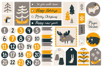 Christmas template and gift tag set with cute forest characters and nature elements in different shapes in childish hand drawn scandinavian style with letters and numbers for advent calendar. - obrazy, fototapety, plakaty