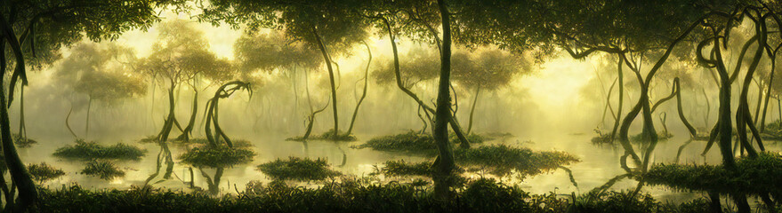 swamp in a forest, lush flooded woodland with old trees, background banner - obrazy, fototapety, plakaty