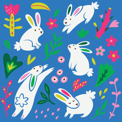 Fototapeta na wymiar Collection of white rabbits, flowers and leaves in vector