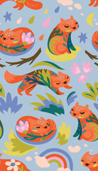 Cute foxes seamless pattern. Cartoon foxes characters silhouette decorated leaves and flowers inside 