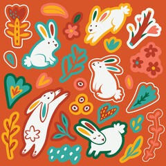 White rabbits, yellow, green and red flowers and leaves sticker set