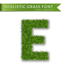 Grass letter E, alphabet 3D design. Capital letter text. Green font isolated white background, shadow. Symbol eco nature, environment, save the planet. Detailed lush plant meadow Vector illustration