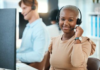 Call center, customer service and support consultant working in a busy office, friendly help with...