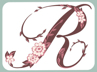 エレガントな花を使ったデザイン文字。「R」。ベクター素材。